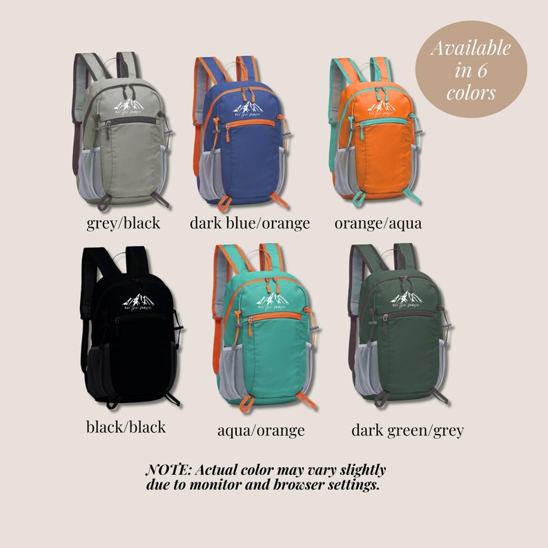 May include: A display of six lightweight backpacks in various color combinations: grey/black, dark blue/orange, orange/aqua, black/black, aqua/orange, and dark green/grey. Each backpack features a mountain logo and side pockets. The text "Available in 6 colors" is also present.