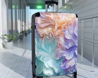 Ivory Esque Pastel Petals Luggage Set, Hard-Shell Rolling Luggage 3 Sizes, Chic Check/Carry-On Bags, Telescopic Handle/360º Wheels/Lock