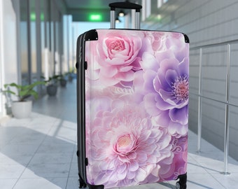 Ensemble de valises gracieuses fleurs pastel, 3 tailles de bagages à roulettes, bagage à main chic/sac à main, poignée télescopique/roues à 360º/verrou de sécurité
