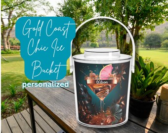 Gold Coast Ice Bucket and Tongs, Personalized 3qt Ice Bucket/Lid/Handle, Wraparound Festive Cocktail Print, Matches Wine Tote/Coasters