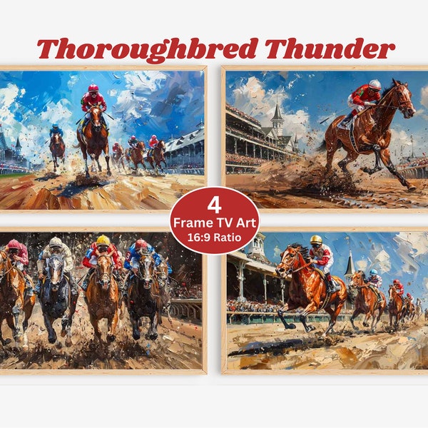 Samsung Frame TV Art, Set of 4 Digital Download, Art for Frame TV Thoroughbreds, Oil Painting Triple Crown Race Instant Download