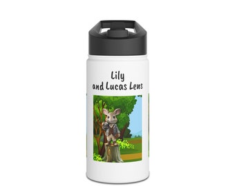 Gourde en acier inoxydable Lucas Lens avec couvercle à visser, bouteille réutilisable en 3 tailles, écologique/sans BPA, cadeau amusant personnalisé pour les enfants