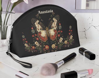 Vintage Butterfly Makeup Bag Personalized Botanical Travel Gift For Women Dark Botanical Cosmetic Pouch