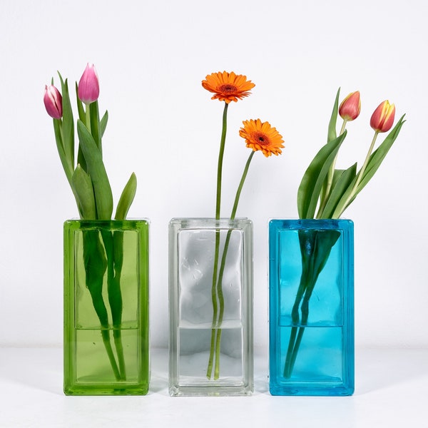 Handgefertigte Retro-Vase Glasbaustein, Glasvase Wohndekoration Vintage 60er 70er Jahre, Glas-Vase rechteckig, weiß grün blau rosa upcycling