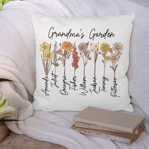 Almohada de jardín de la abuela personalizada, almohada de flor de nacimiento personalizada, regalo para la abuela, almohada de jardín de las abuelas con nietos, regalo de Navidad