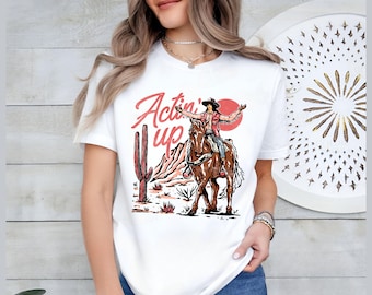 Actin' Up Cowgirl-tröja, Rodeo-t-shirt, Cowgirl-tröja, Countrykonserttröja, Western-grafiktröja för kvinnor, Western-rundkrage