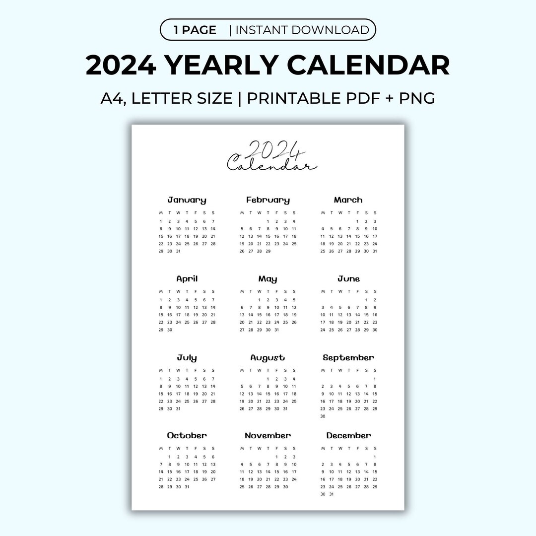 2024 Yearly Calendar Printable Year at a Glance Calendar, All Months on