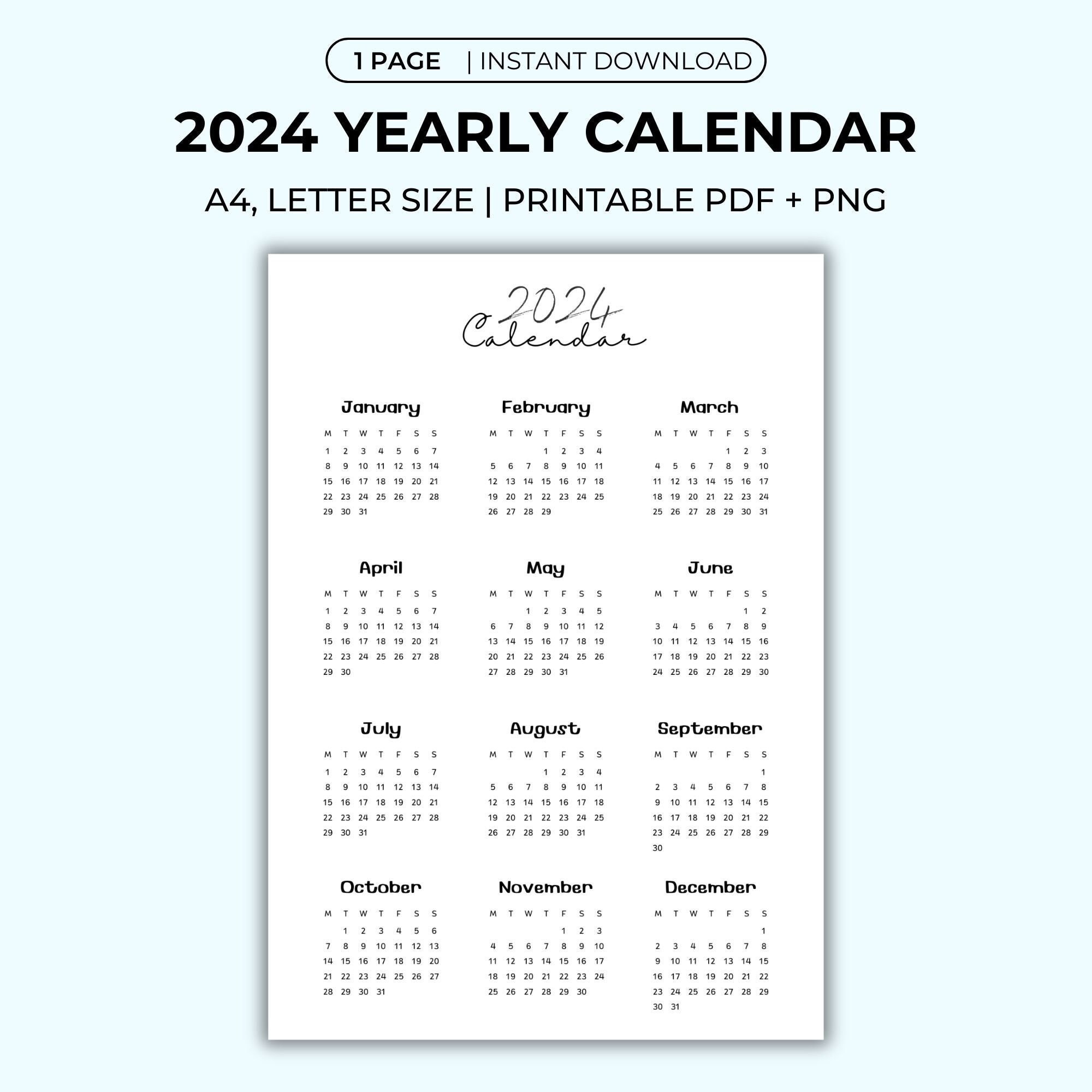 2024 Yearly Calendar Printable Year at a Glance Calendar, All Months on