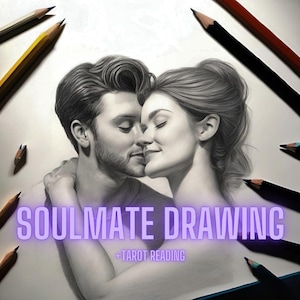 Puede incluir: Dibujo a lápiz de una pareja abrazándose, con el texto "SOULMATE DRAWING + TAROT READING" en neón morado. Lápices de varios colores rodean el dibujo.