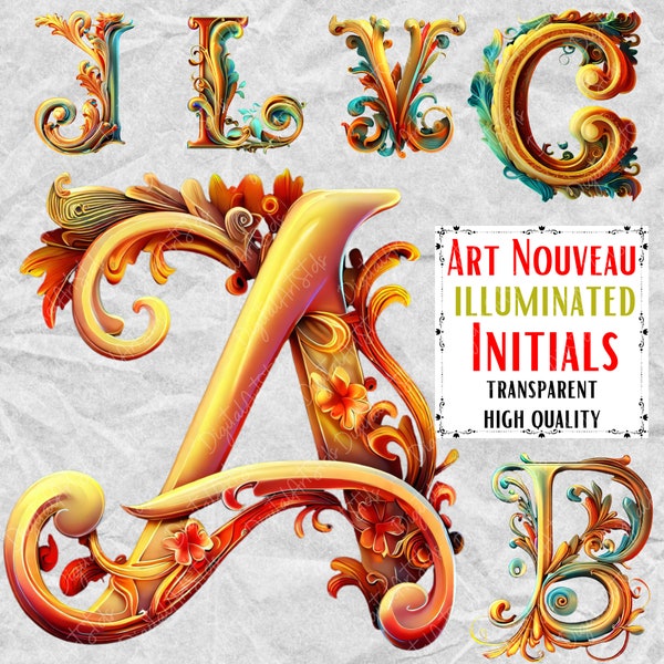 Art nouveau illuminé initiales Clipart Bundle alphabet anglais complet - 300 dpi - haute qualité - PNG - Transparent - usage Commercial