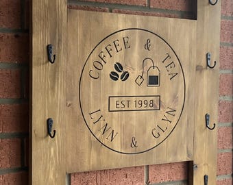Rustic Coffee Cup Hanging Wall Rack-CNC Engraved/ Personalised  /Gift /Farmhouse/ Handmade
