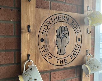 Northern Soul Rustic Coffee Cup Hanging Wall Rack-CNC Engraved/   Gift /Farmhouse/ Handmade