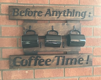Rustic Coffee Cup Hanging Wall Rack-CNC Engraved /Gift /Farmhouse/ Handmade