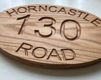 Oak Handmade Ovel House Number Sign Engraved Carved Outdoor Name Plaque