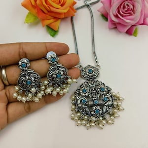 Colar indiano de prata oxidada com corrente longa e brincos, colar de declaração, joias afegãs boho, joias antigas de casamento