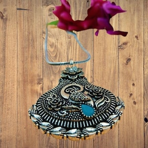 Hand Crafted Bollywood Style Oxidized Long Chain Pendent ,Gift for Her, Afghani Boho Jewelry, Antique Ethnic Asian Jewelry Crystal Necklace