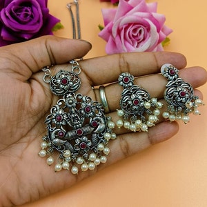 Hand Crafted Indian Silver Oxidized Long Necklace with Earrings and ring,Statement necklace, Afghani Boho Jewelry Antique  WeddingJewelry