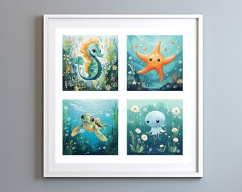 Sea Life Baby Nursery Wall Art - Printable Art Under the Sea - Ocean Life Nursery Art - Cute Sea Life Art