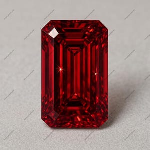 Op de afbeelding: Een levendige, dieprode edelsteen geslepen in een rechthoekige smaragdvorm met scherpe, heldere facetten. De steen vertoont een hoge mate van helderheid en interne lichtreflectie, wat een symmetrisch patroon van rode tinten creëert.