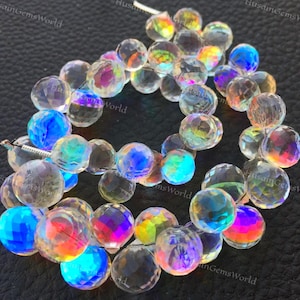 Faceted Fire Rainbow Quartz Beads: Onions Shape Briolette, 8 Inch Strand