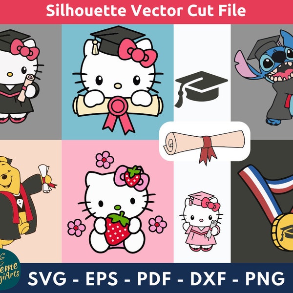 Hello Senior Kitty Cute Cat, Graduate Kitty's Files for Cricut, Graduation Kawaii Kitty SVG, Silhouette Vector Cut File, Winnie The Pooh EPS