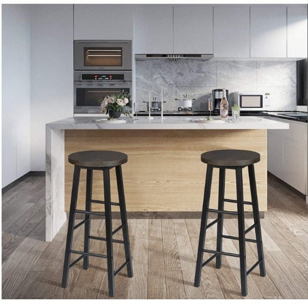 Breakfast Kitchen Counter Bar Stools Set of 2 PCS MDF Seat Seat Bar Chairs Metal Legs Barstools Black+Rustic High Stools