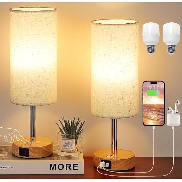 Bedside Lamps Set of 2 Touch Table Lamps with USB-C USB-A Charging Ports, 3 Way Dimmable Bedside Lamp