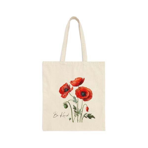 Sac fourre-tout en coton naturel avec motif original de fleur de coquelicot rouge