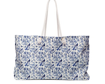 Blue Tile Bird Weekender Bag  |  Large Vacation Tote Bag  |  Oversized Everyday Tote Bag