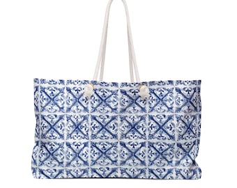 Portuguese Tile Weekender Tote Bag  |  Large Vacation Tote Bag  |  Oversized Beach Tote Bag