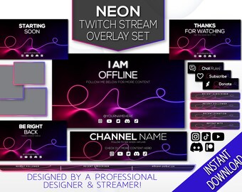 Neon Stream Overlays | Twitch Stream Overlay | Stream Overlay Package | Twitch Graphics | Neon Effect | Instant Download | Digital