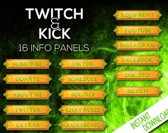 Green Fantasy Twitch Kick Stream Info Panels Set | League of Legends Graphics | WOW Graphics | ESO Graphics | Twitch Overlays | Kick Overlay