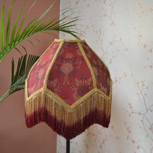 Red Brocade Lampshade: Victorian Scallop Dome with Rayon Fringe