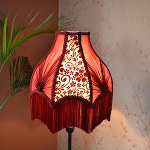 Red Velvet Lampshade with Rayon Fringe - Handmade Dome Shade