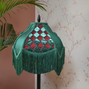 Victorian Lampshade: Red & Green Embroidered Patchwork with Fringe