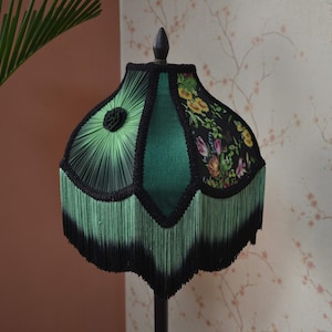 Hand-Stitched Night Safari Lampshade: Black Floral Print, Ombre Fringe