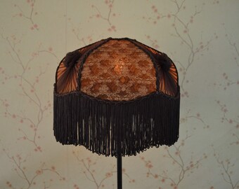 brown lampshade/table lamp/designer shade/tissue silk shade/fringe shade/ hand-made shade/victorian shade/floor lamp/brocade shade/lampshade