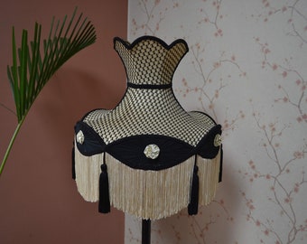 Black & Gold Lampshade: Handmade Victorian Style with Rayon Fringe