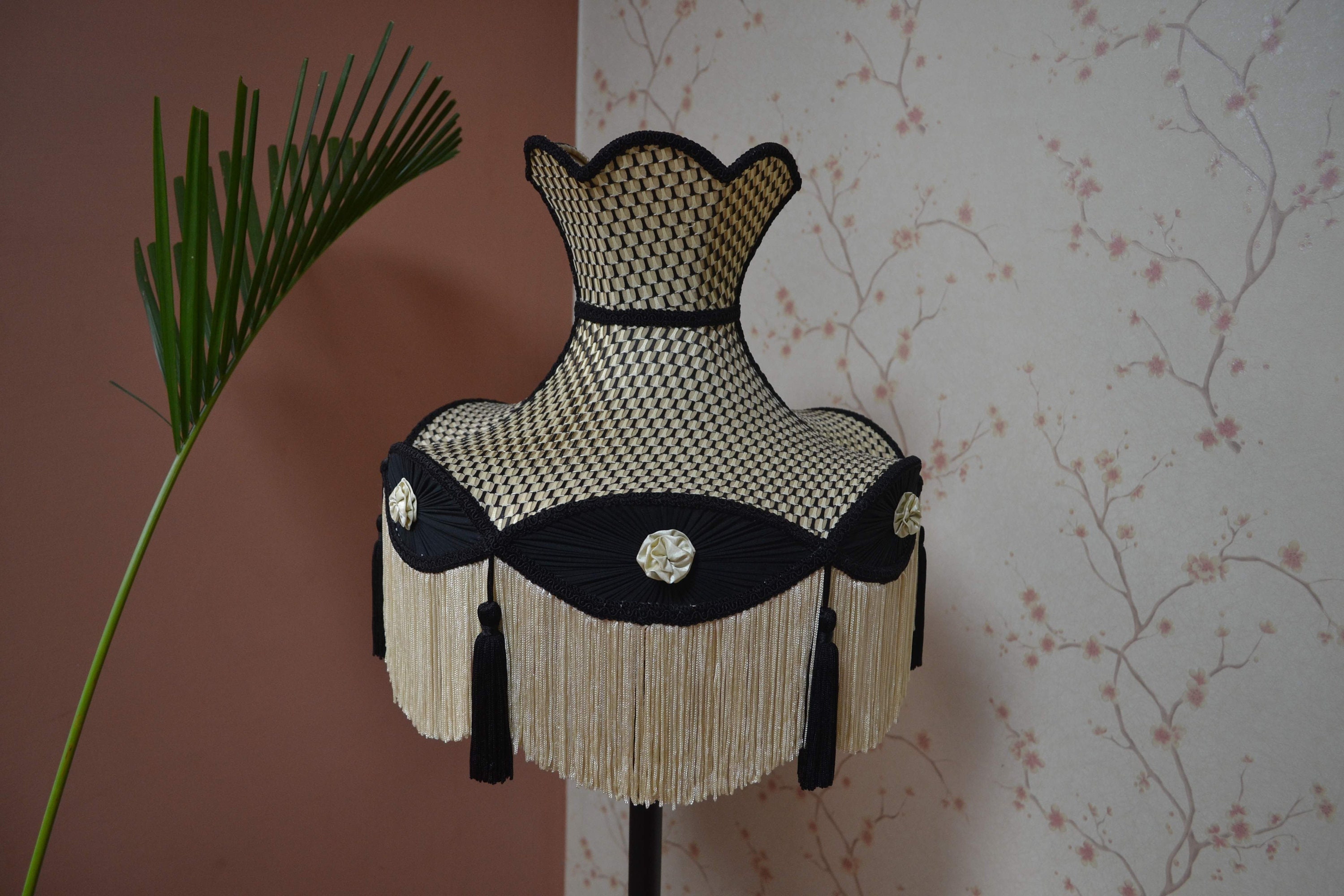 Black & Gold Lampshade: Handmade Victorian Style With Rayon Fringe