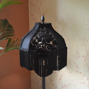 Gothic Black Velvet Lampshade with Rayon Fringe: Halloween Decor