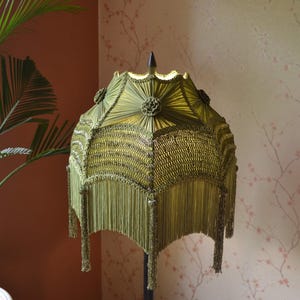 Olive Green Victorian Lampshade: Hand Embroidered Beaded Tassel Fringe