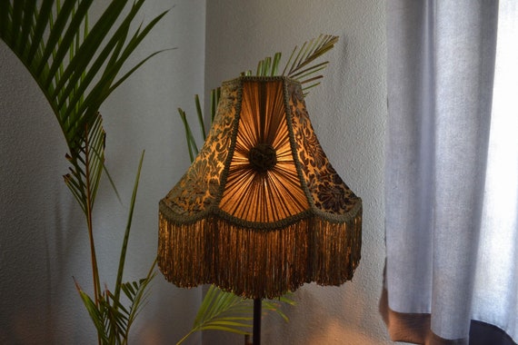 Handcrafted Victorian Lampshade: Olive Chiffon Shade with Fringe