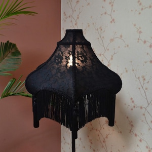 Gothic Black Lampshade: Handmade Victorian Style with Rayon Fringe