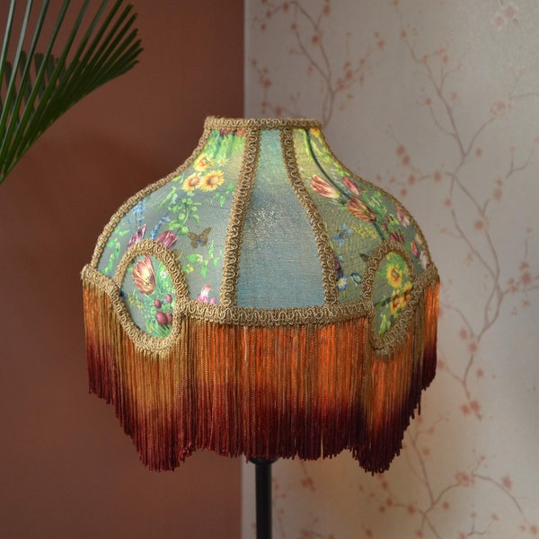 Fern Green Silk Lampshade: Secret Garden Print with Fringe