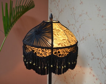 Black & Gold Lace Lampshade, Victorian Style with Rayon Fringe