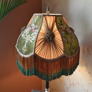 lampshade green gold lampshade fringe lampshade/victorian lampshade/table lamp/floor lampshade/ceiling lampshade/vintage shade/silklampshade