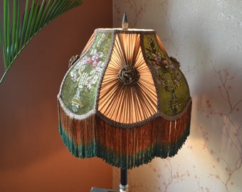 lampshade green gold lampshade fringe lampshade/victorian lampshade/table lamp/floor lampshade/ceiling lampshade/vintage shade/silklampshade