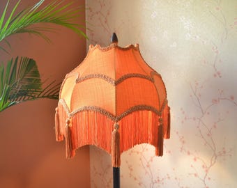 Orange Linen Lampshade with Fringe Tassels: Handmade Victorian Bell Shade