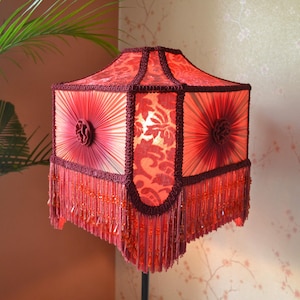 Red Brasso Velvet Lampshade: Square Beaded Fringe, Victorian Style