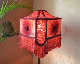 Red Brasso Velvet Lampshade: Square Beaded Fringe, Victorian Style